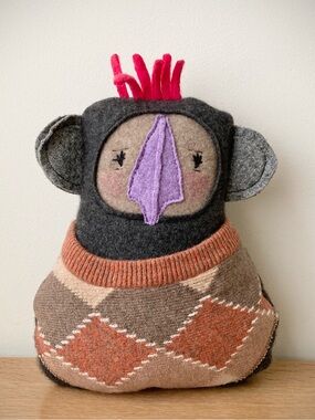 joodito bear reclaimed cashmere wool sweater pillow folk art doll gray argyle